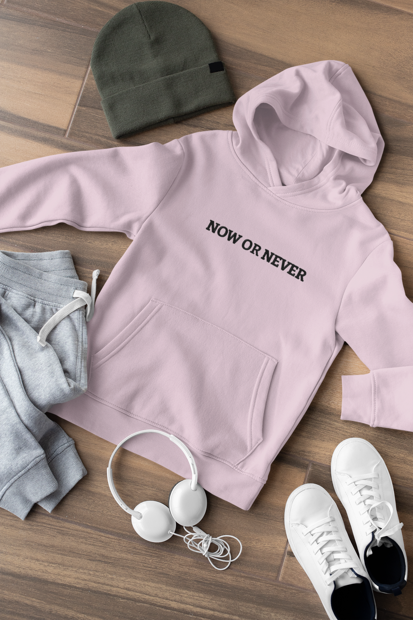 "NOW OR NEVER" Design With Black Embroidered Text. Classic Unisex Pullover Hoodie Premium Quality Original Clothing. Wear Your Motivation