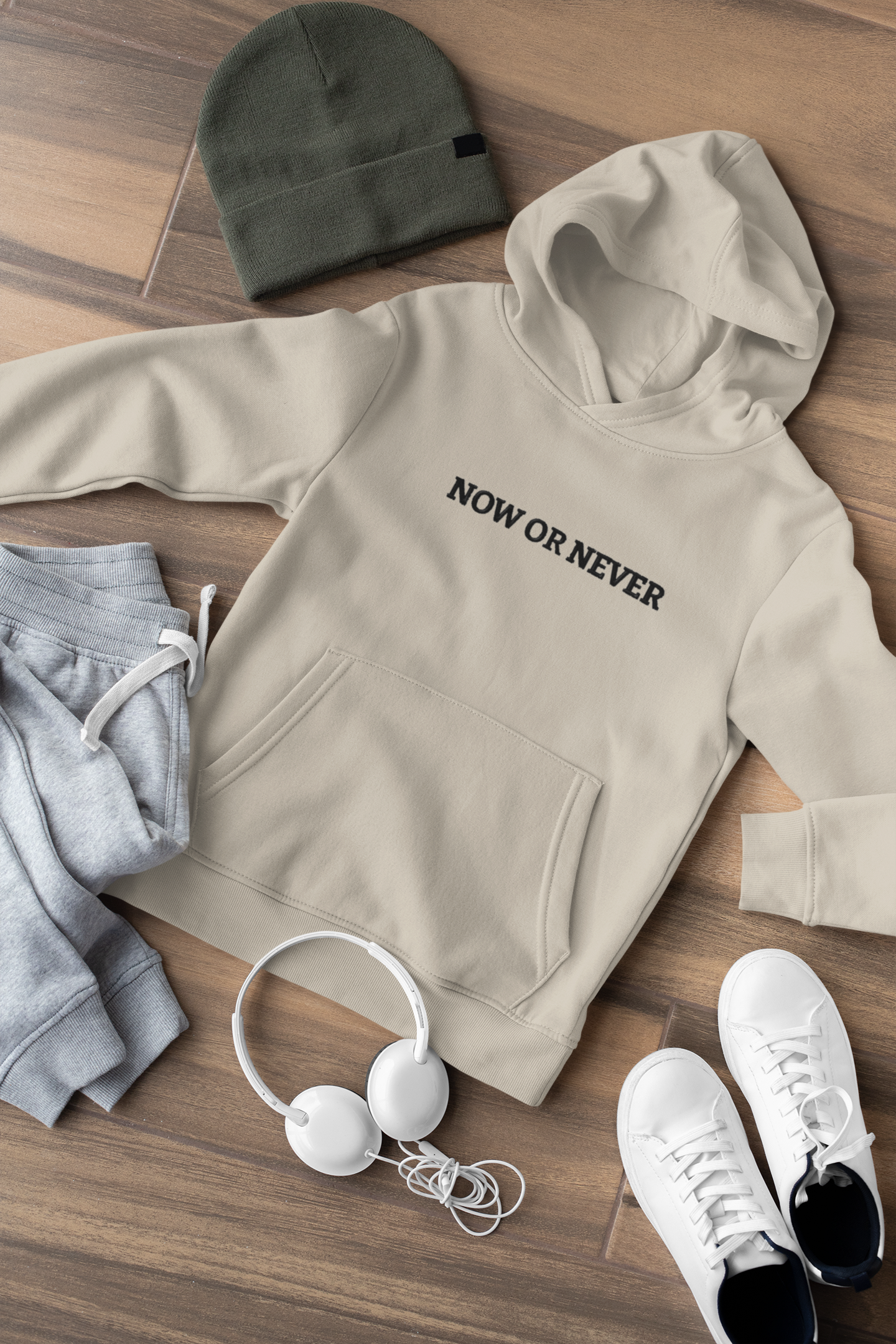 "NOW OR NEVER" Design With Black Embroidered Text. Classic Unisex Pullover Hoodie Premium Quality Original Clothing. Wear Your Motivation