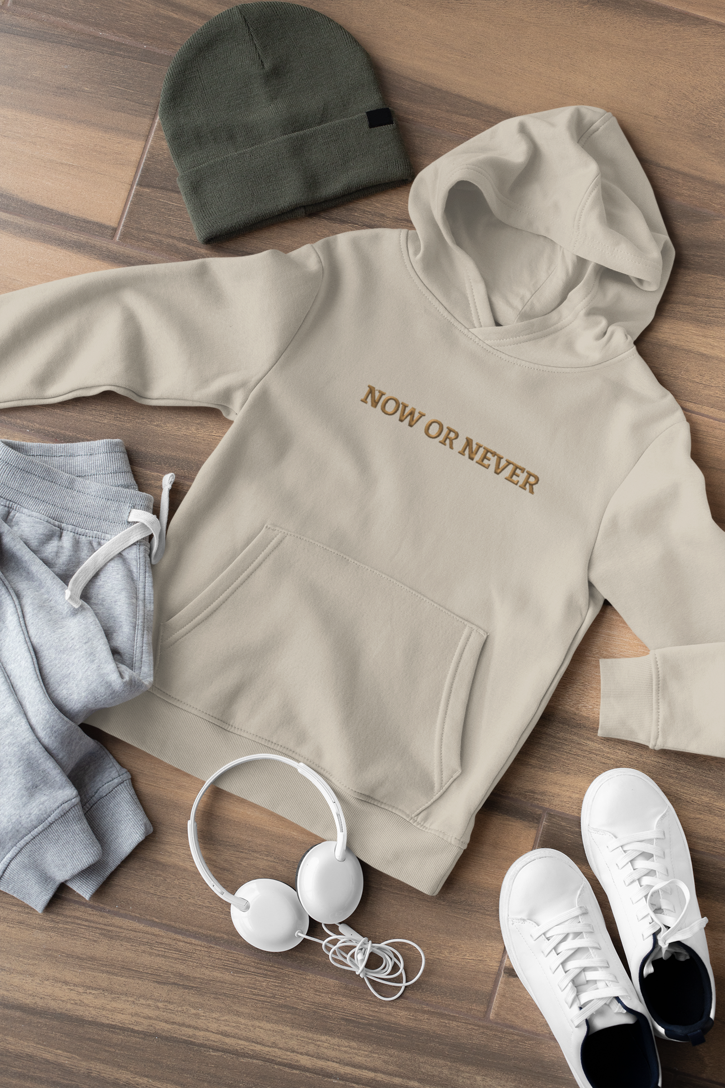 "NOW OR NEVER" Design With Gold Embroidered Text. Classic Unisex Pullover Hoodie Premium Quality Original Clothing. Wear Your Motivation