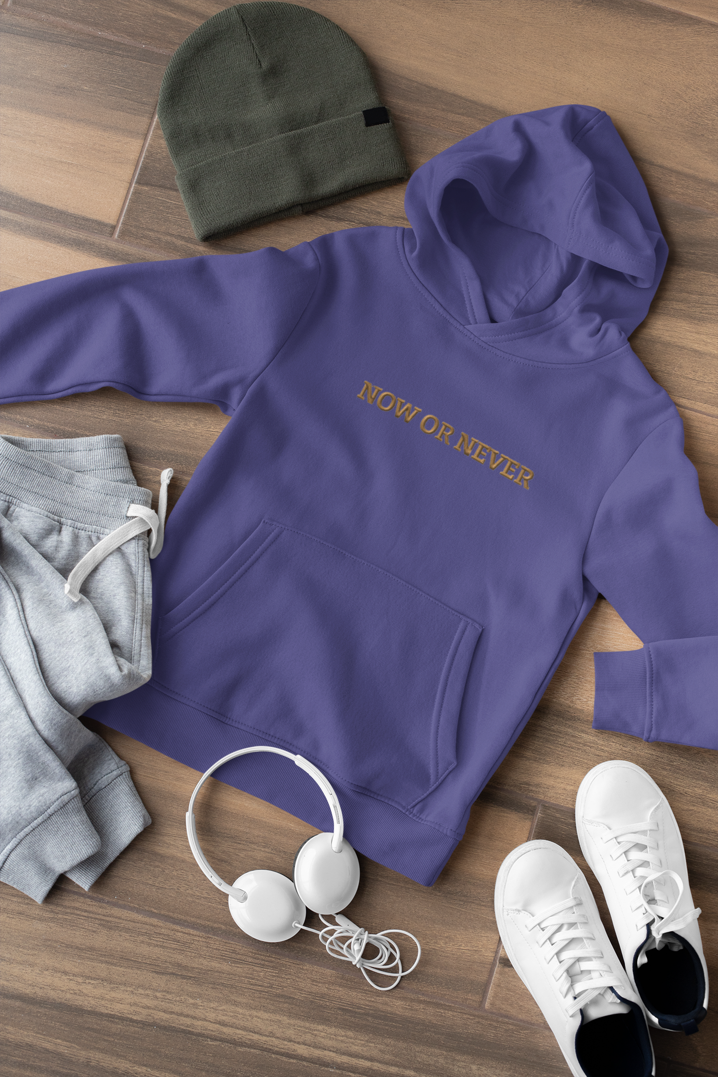 "NOW OR NEVER" Design With Gold Embroidered Text. Classic Unisex Pullover Hoodie Premium Quality Original Clothing. Wear Your Motivation