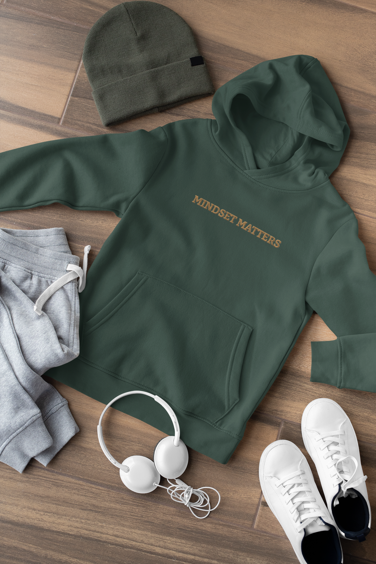 "MINDSET MATTERS" Design With Gold Embroidered Text. Classic Unisex Pullover Hoodie Premium Quality Original Clothing. Wear Your Motivation