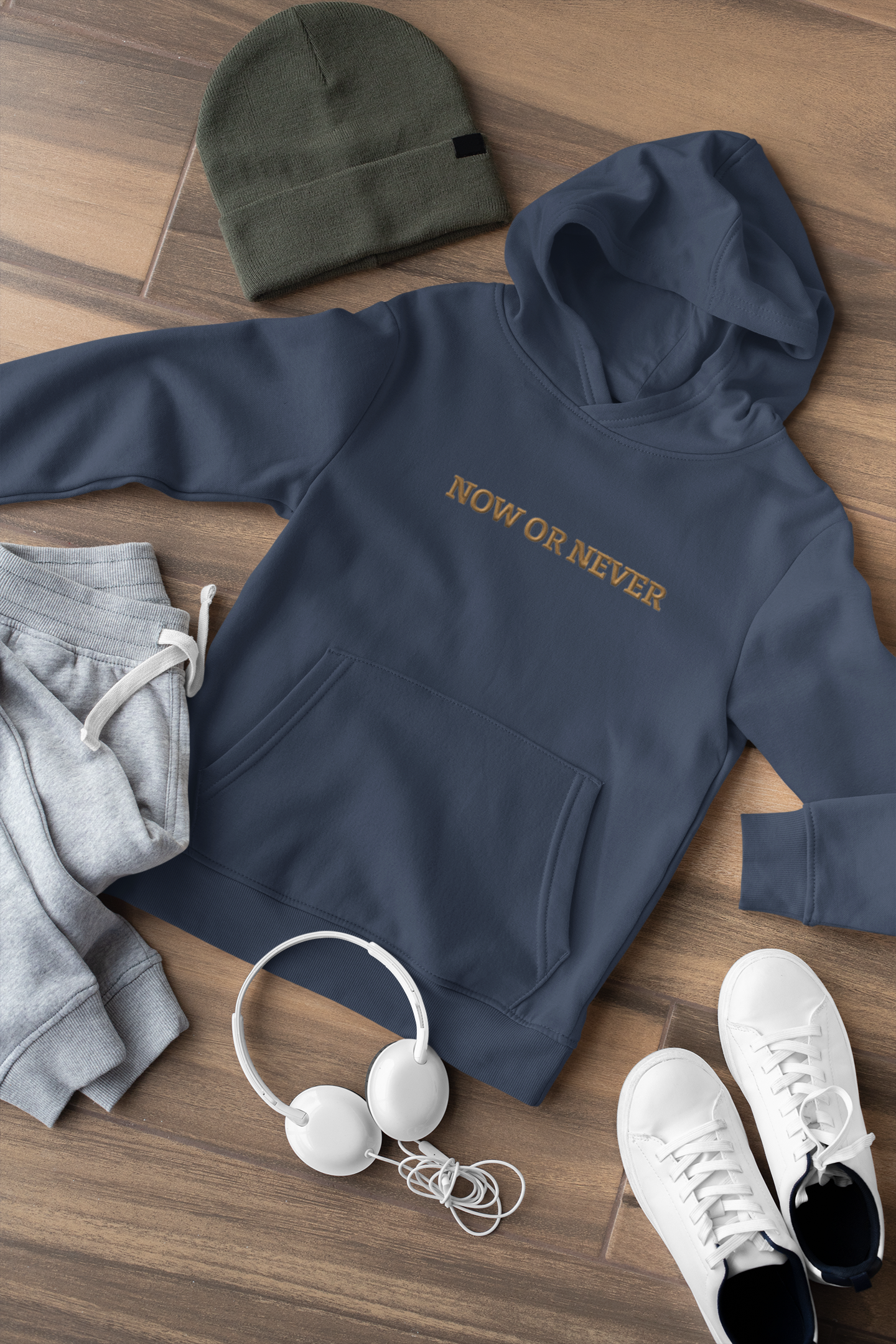 "NOW OR NEVER" Design With Gold Embroidered Text. Classic Unisex Pullover Hoodie Premium Quality Original Clothing. Wear Your Motivation