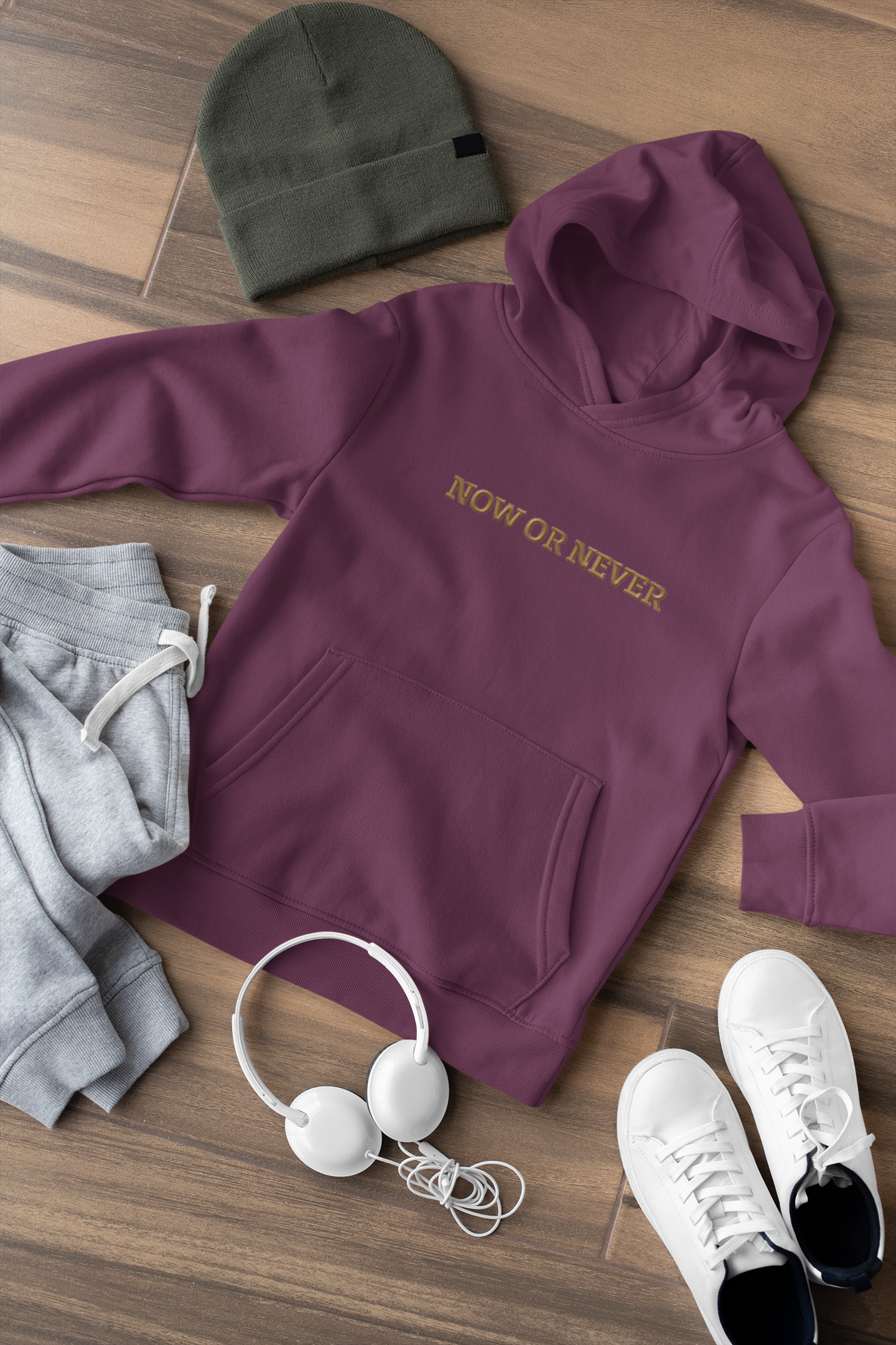 "NOW OR NEVER" Design With Gold Embroidered Text. Classic Unisex Pullover Hoodie Premium Quality Original Clothing. Wear Your Motivation