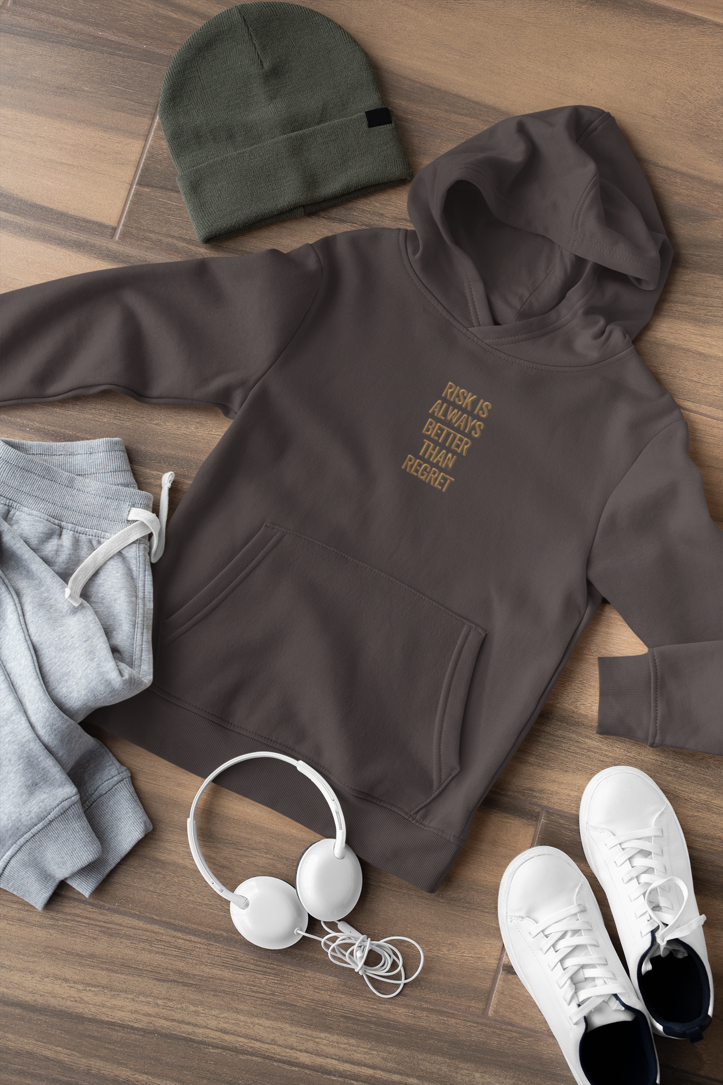 "RISK IS ALWAYS BETTER THAN REGRET" Design With Gold Embroidered Text. Classic Unisex Pullover Hoodie Premium Quality Original Clothing. Wear Your Motivation