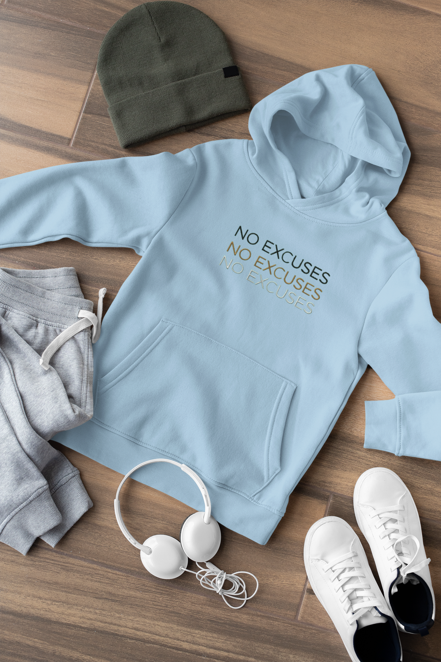 "NO EXCUSES" Design With Gold Black White Embroidered Text. Classic Unisex Pullover Hoodie Premium Quality Original Clothing. Wear Your Motivation