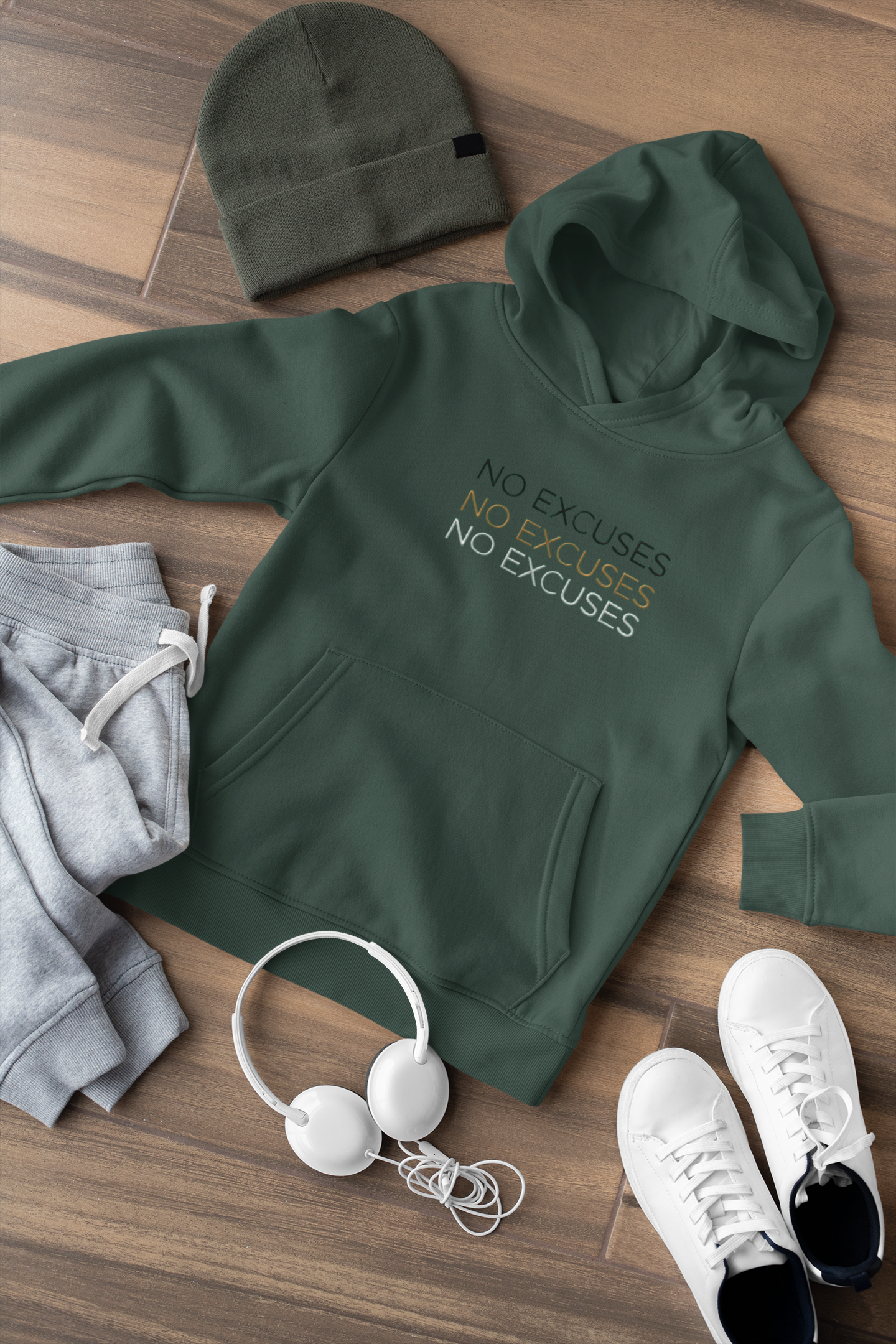 "NO EXCUSES" Design With Gold Black White Embroidered Text. Classic Unisex Pullover Hoodie Premium Quality Original Clothing. Wear Your Motivation