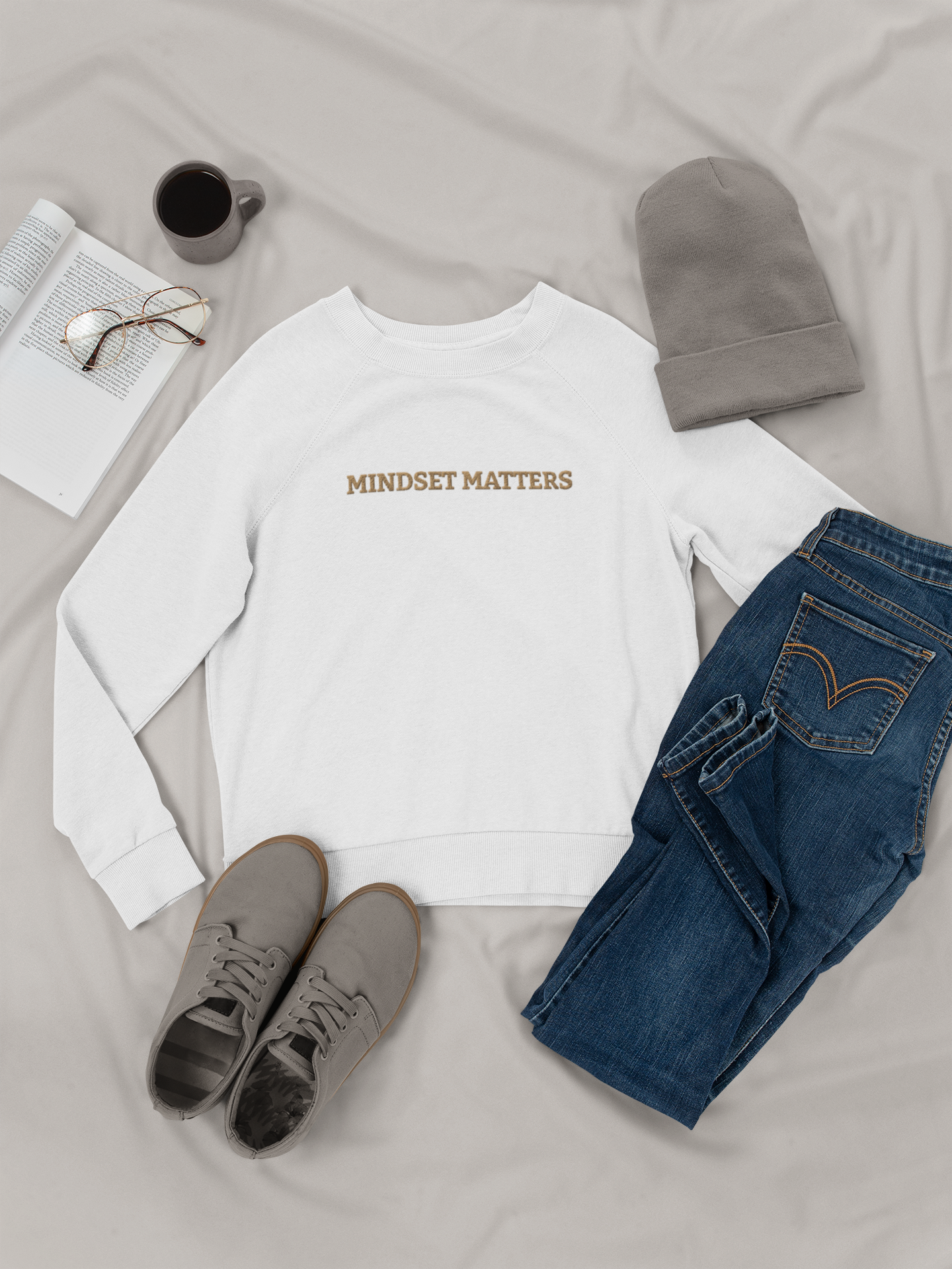 "MINDSET MATTERS" Design  With Gold Embroidered Text.Classic Unisex Crewneck Sweatshirt Premium Quality Original Clothing. Wear Your Motivation.