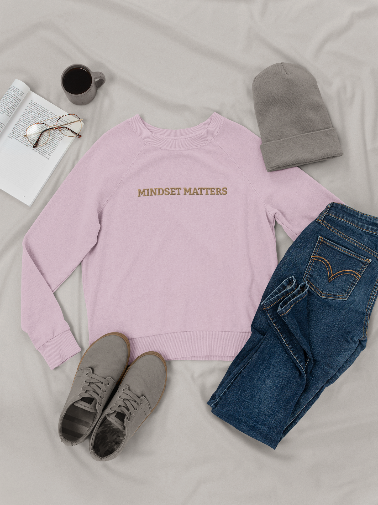 "MINDSET MATTERS" Design  With Gold Embroidered Text.Classic Unisex Crewneck Sweatshirt Premium Quality Original Clothing. Wear Your Motivation.