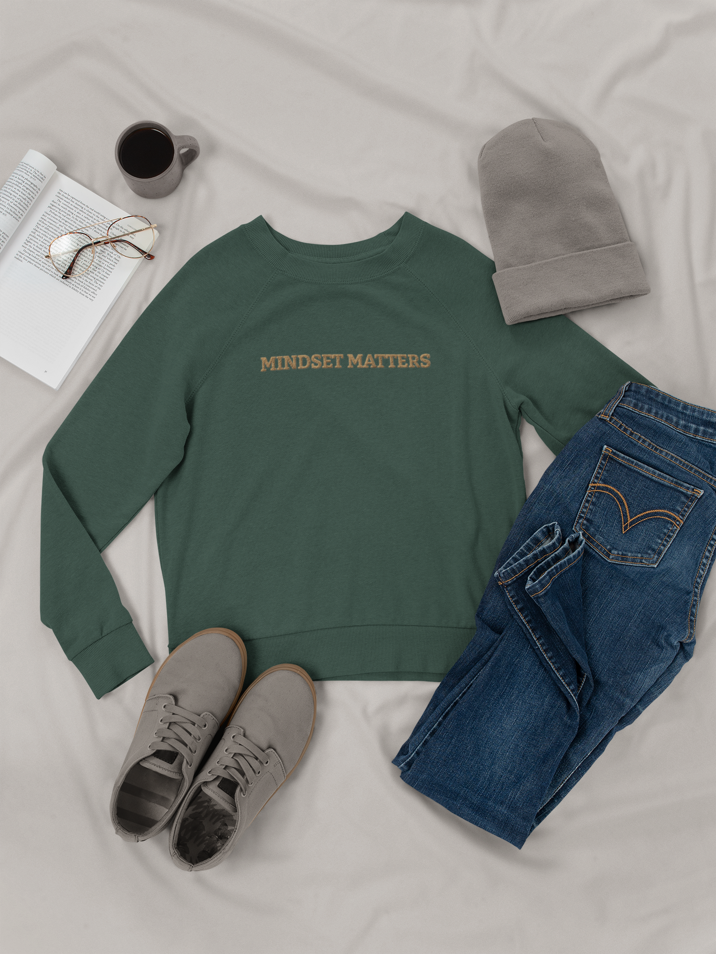 "MINDSET MATTERS" Design  With Gold Embroidered Text.Classic Unisex Crewneck Sweatshirt Premium Quality Original Clothing. Wear Your Motivation.