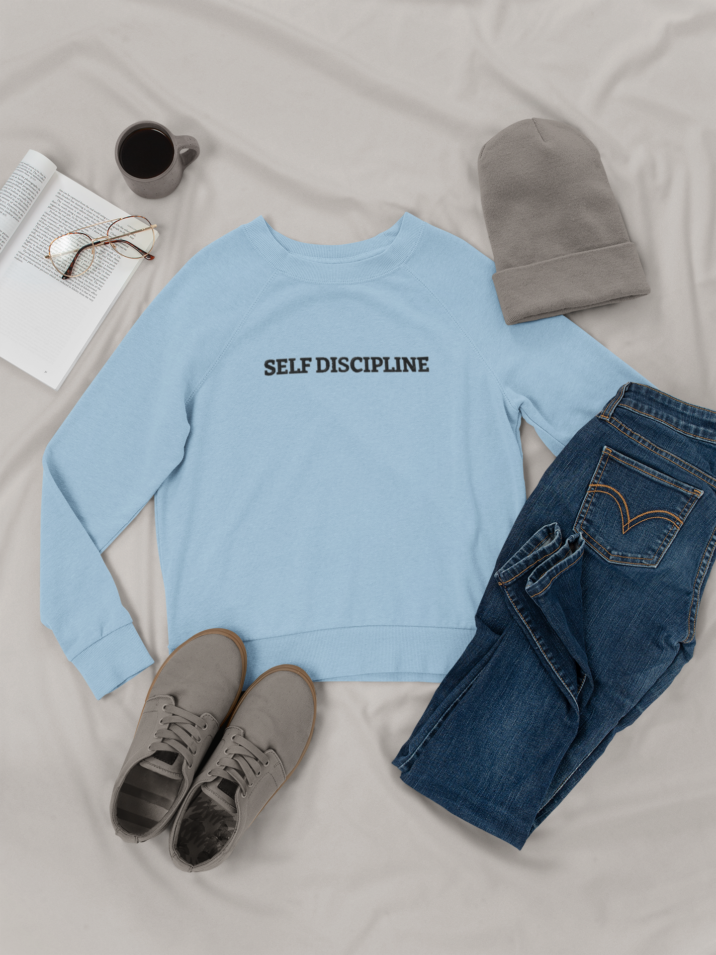 "SELF DISCIPLINE" Design With Black Embroidered Text.Classic Unisex Crewneck Sweatshirt Premium Quality Original Clothing. Wear Your Motivation.