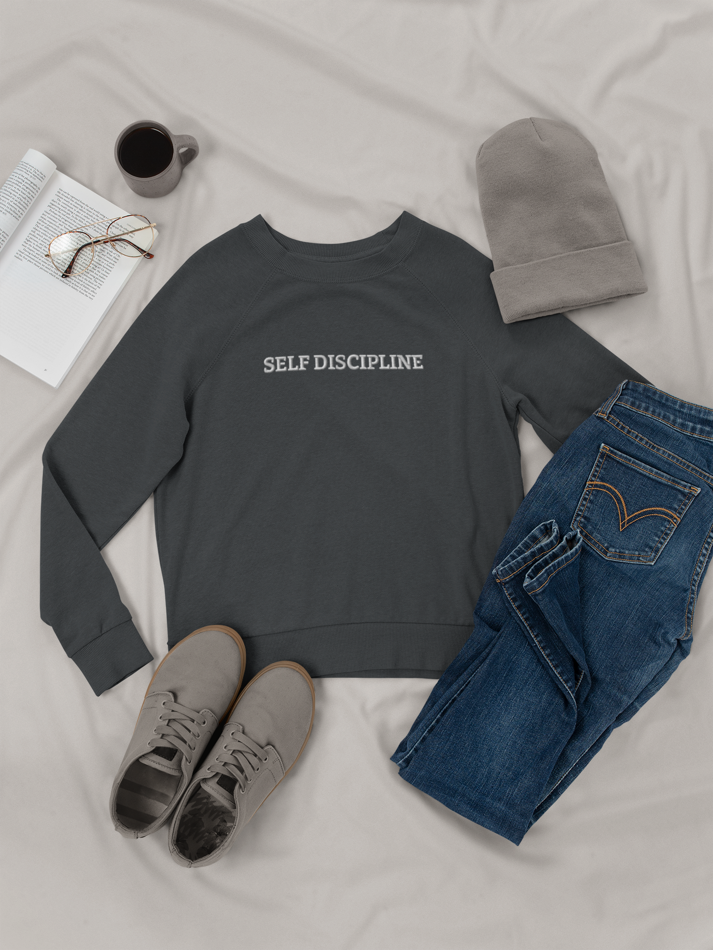 "SELF DISCIPLINE" Design With White Embroidered Text.Classic Unisex Crewneck Sweatshirt Premium Quality Original Clothing. Wear Your Motivation.