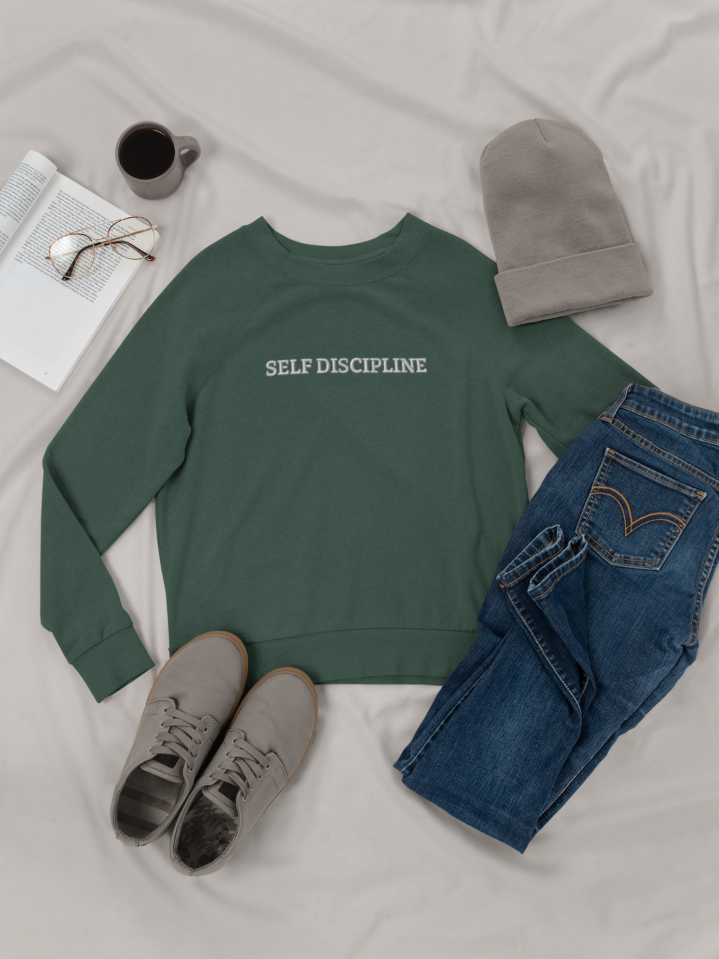 "SELF DISCIPLINE" Design With White Embroidered Text.Classic Unisex Crewneck Sweatshirt Premium Quality Original Clothing. Wear Your Motivation.