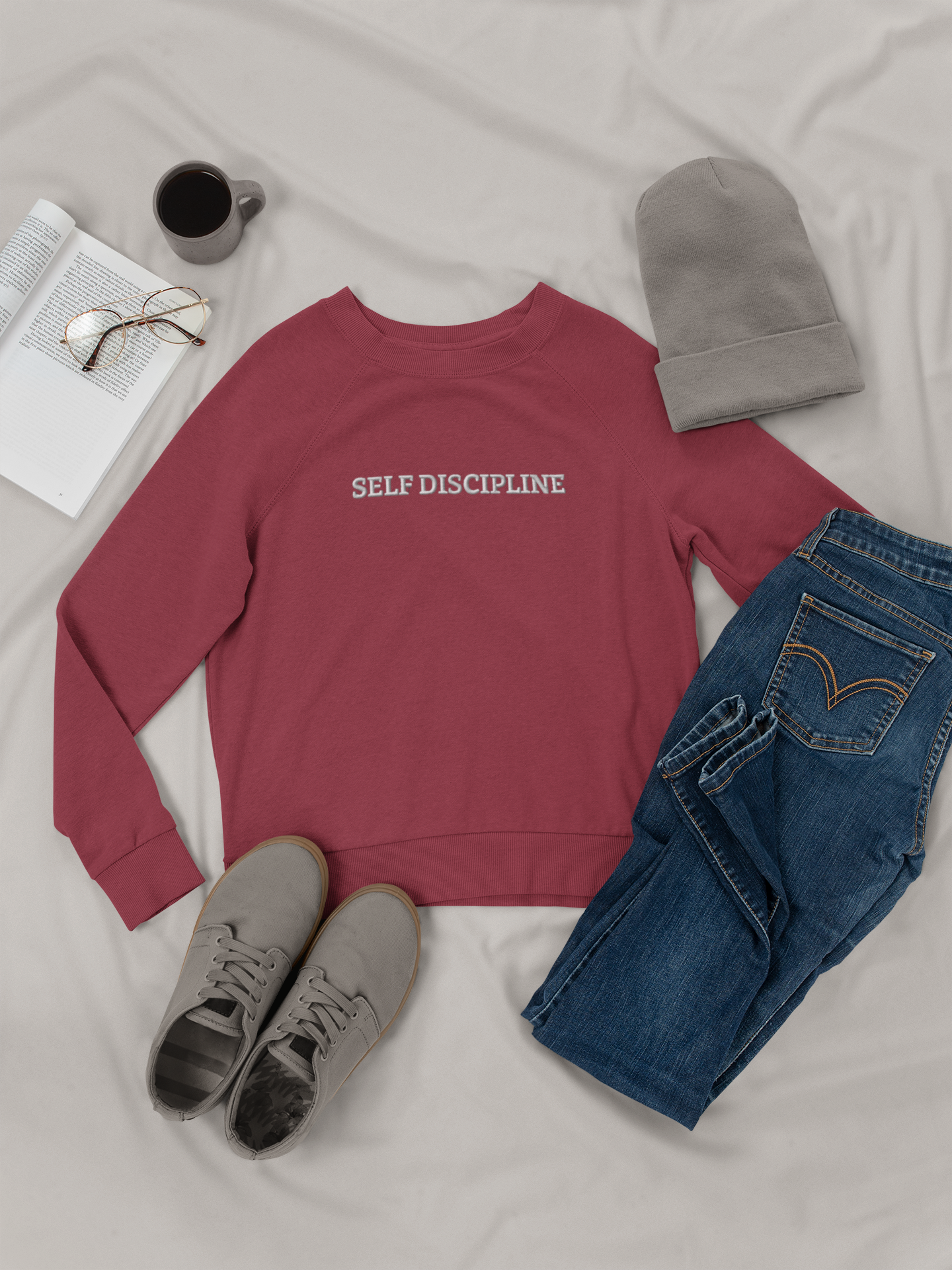 "SELF DISCIPLINE" Design With White Embroidered Text.Classic Unisex Crewneck Sweatshirt Premium Quality Original Clothing. Wear Your Motivation.