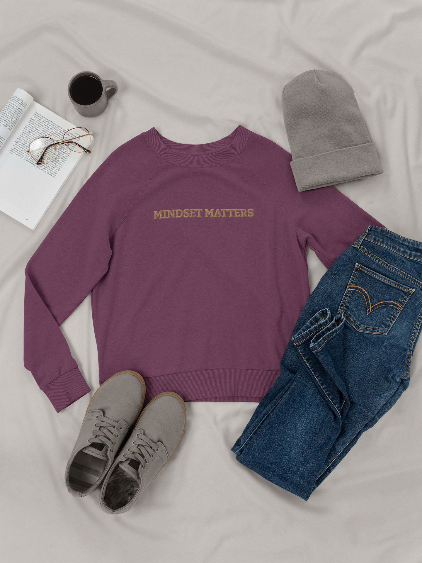 "MINDSET MATTERS" Design  With Gold Embroidered Text.Classic Unisex Crewneck Sweatshirt Premium Quality Original Clothing. Wear Your Motivation.