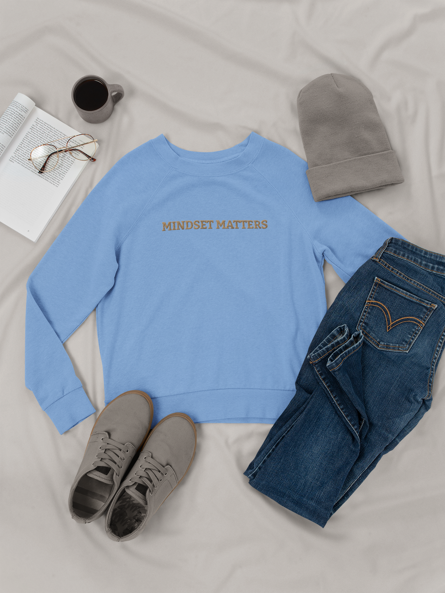 "MINDSET MATTERS" Design  With Gold Embroidered Text.Classic Unisex Crewneck Sweatshirt Premium Quality Original Clothing. Wear Your Motivation.