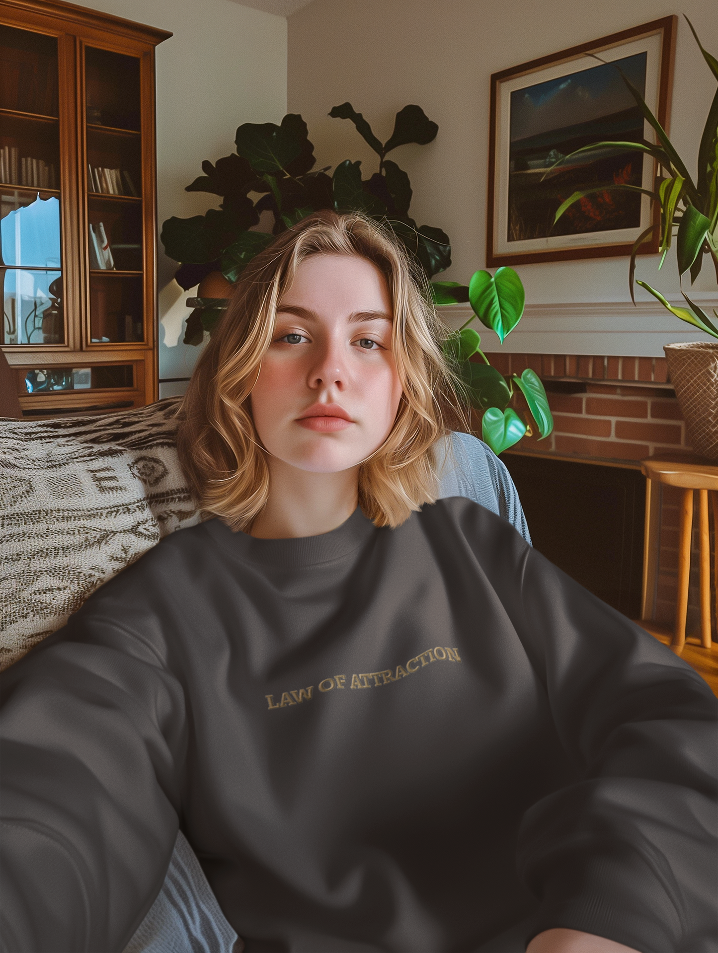 "LAW OF ATTRACTION" Design With Gold Embroidered Text. Classic Unisex Crewneck Sweatshirt  Premium Quality Original Clothing. Wear Your Motivation.